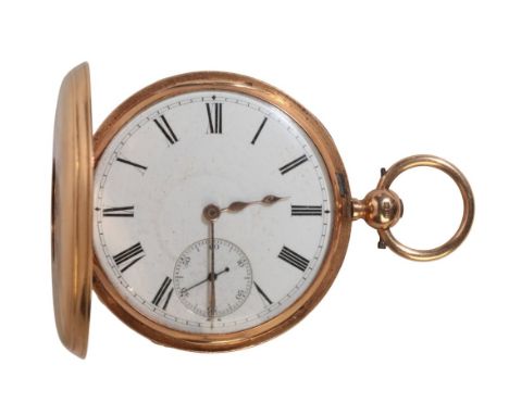 A GENTLEMAN'S 18CT GOLD HALF HUNTER POCKET WATCH with key wind movement, the white enamel dial with subsidiary seconds dial, 
