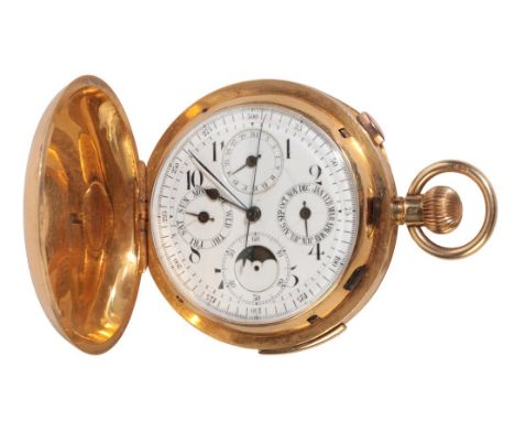 A GENTLEMAN'S 18CT GOLD FULL HUNTER MINUTE REPEATING CALENDAR POCKET WATCHthe white enamel dial with Arabic numerals and dark