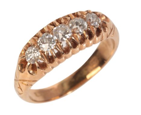 AN 18CT GOLD VICTORIAN FIVE STONE DIAMOND RINGset with five graduating old mine cut diamonds in claw settings, ring size M, h