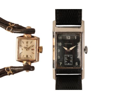 OMEGA: A LADY'S GOLD-PLATED WRISTWATCHwith manual wind movement, the white dial with gold baton numerals and gold hands, no. 