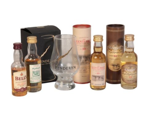 THE GLENTURRET 12 YEAR OLD SINGLE MALT SCOTCH WHISKYtwo miniature bottles, boxed; together with a Penderyn whisky glass, boxe