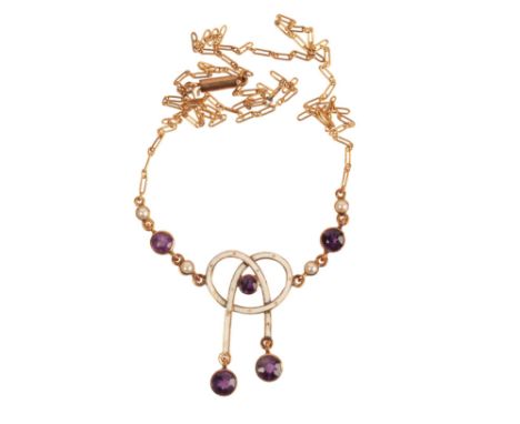 A WHITE ENAMEL AND AMETHYST NECKLACEof knot design, set with five collet set amethysts of varying size, together with four se