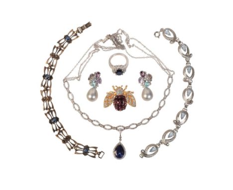 A SILVER PENDANTthe blue paste necklace measuring approx. 44cm; together with matching ring, size N; two further silver brace