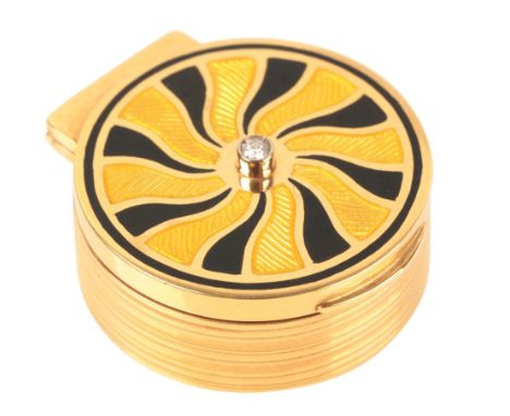 AN 18CT GOLD ENAMEL AND DIAMOND BOXwith central diamond c.0.03 carats, yellow lined and black enamel, approx. 27mm x 30mm x 1