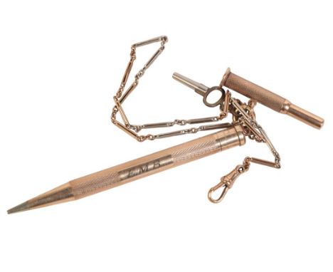 A 9CT WHITE AND YELLOW GOLD POCKET WATCH CHAINof chain-link design; a 9ct gold propelling pencil; and a gold-plated propellin