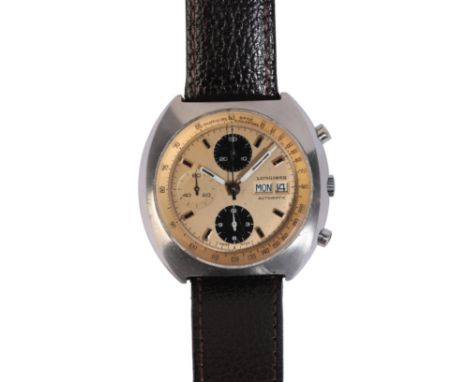LONGINES: A STAINLESS STEEL CHRONOGRAPH WRISTWATCHwith manual wind movement, the gold dial with triple subsidiary dials, date