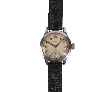 GRANA: A GENTLEMAN'S STAINLESS STEEL WRISTWATCHwith manual wind movement, the white dial with subsidiary seconds dial, black 