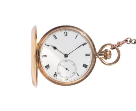 A GENTLEMAN'S 18CT GOLD HALF HUNTER POCKET WATCHwith keyless wind movement, the white enamel dial with subsidiary seconds dia