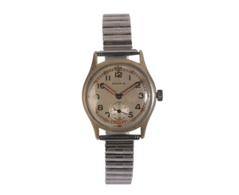 MOERIS: A GENTLEMAN'S NICKEL-PLATED WRISTWATCHwith manual wind movement, the silver dial with subsidiary seconds dial, black 