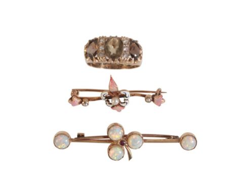 A VICTORIAN OPAL BAR BROOCHwith a central three-leaf clover enclosing a red stone, approx. 5cm in length; an enamel bar brooc