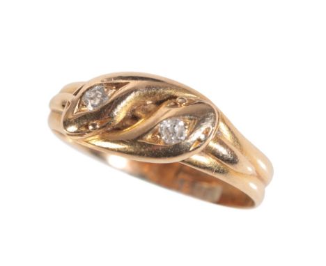 A VICTORIAN 18CT GOLD DIAMOND SNAKE RINGdesigned as two entwined snakes with diamond-set heads, ring size N 1/2, stamped '18c