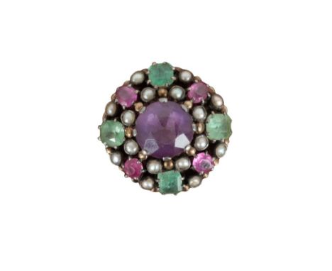A MULTISTONE CLUSTER RINGthe head set with a central amethyst surrounded by emeralds, rubies and seed pearls, the shank unmar
