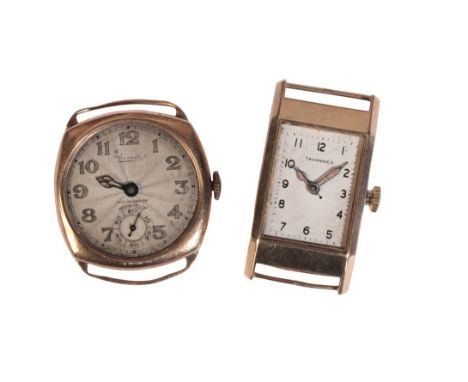 TAVANNES: A GENTLEMAN'S 9CT GOLD WRISTWATCHwith manual wind movement, the white dial with black Arabic numerals and dark blue