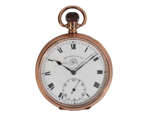 THOMAS RUSSELL & SON, LIVERPOOL: A GENTLEMAN'S 9CT GOLD OPEN FACE POCKET WATCHwith keyless wind movement, the white enamel di