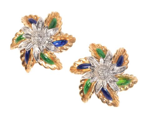 A PAIR OF 18CT GOLD ITALIAN ENAMEL CLIP EARRINGSmeasuring approx. 25mm, stamped '18k' (c.20.60g gross weight)