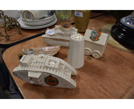 A collection of novelty crested ware and similar including a Carlton China Vickers Mark I tank and British Mark IV Tanks and 