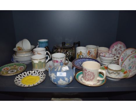 A selection of ceramics including a good selection of antique tea saucers including Royal Worcester Sunderland lustre and han