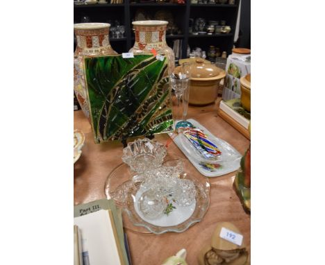 A selection of glass wares including green art glass bowl and Dartington leaf dish