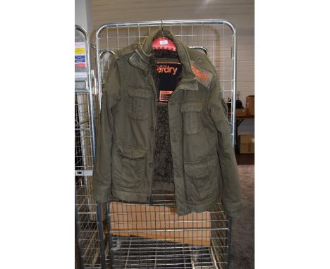A gents army green Superdry coat,having faux fur lining, size L.