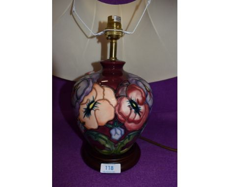 A Moorcroft table lamp and shade,Pansy designed by Rachel Bishop,circa 1998, Having Dark pink ground with lilac,peach and pin