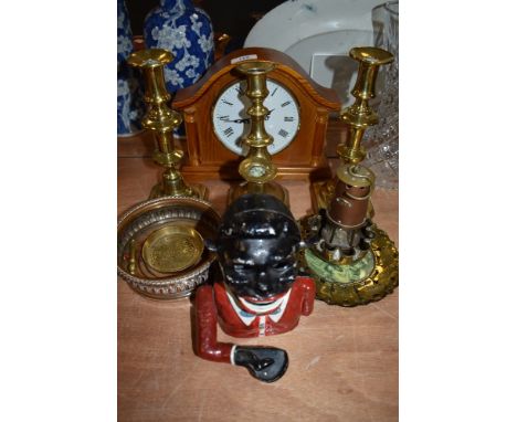 A collection of mixed brass items, a replica miniature miners lamp, money box and more.