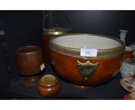 A selection of treen items including oak and plated fruit bowl and biscuit barrel both having ceramic liners