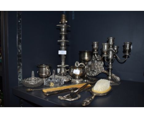 A mixed lot of Plated ware and similar including lamp stand, candlestick holder, dressing table items and more.