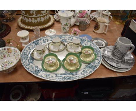 A mixed lot of ceramics including blue and white floral transfer pattern platter,Kokura coffee cans, Victoria cabinet cups, M