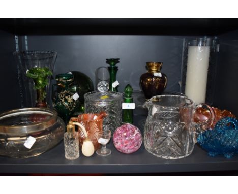 A selection of various glass wares including art and antique. Hand decorated Bohemian carnival and aqua blue pressed ect