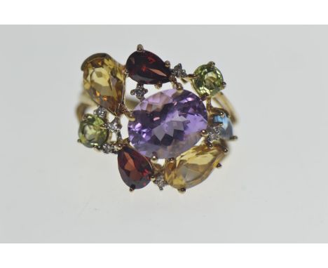 9ct gold & multi stone ring set with amethyst, peridot, citrine, garnet, blue topaz and white stone, size O, gross weight 4.1