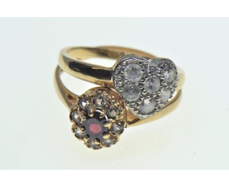 Two 9ct gold & gem set rings, the heart-shaped ring size M & cluster size Q, gross weight 3.8 grams 
