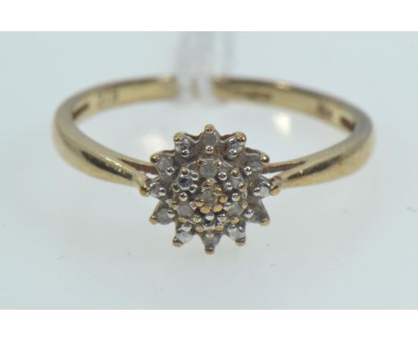 9ct gold & diamond cluster ring, size P1/2, 1.6 grams 