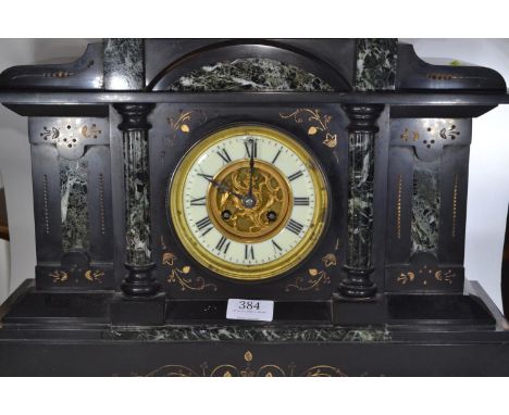 Large French slate and marble mantle clock with pendulum, 'Marque Deposee' stamped on clock movement, w45 x d15 x h36cmNo key