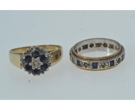 Two 9ct gold rings, including: a sapphire & diamond cluster, size N & a sapphire & white stone eternity ring, size K1/2, gros