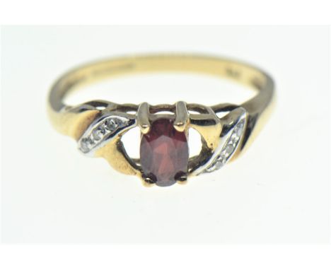 9ct gold, red stone & diamond ring, size M1/2, 1.8 grams 