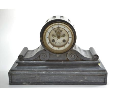 A Victorian slate mantle clock, with black Roman numerals on white enamel chapter ring surrounding Brocot escapement, drum sh