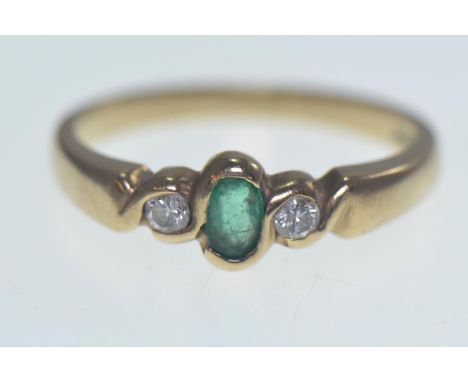 9ct gold, emerald & diamond bezel-set ring, size O, gross weight 2.77 grams 