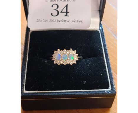 9ct gold, opal & diamond triple cluster ring, hallmarked London 1982, size I, 1.78 grams 