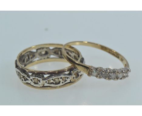 9ct gold & white stone half hoop ring, size M1/2, 0.9 gram together with a 9ct gold, silver & white stone eternity ring, size