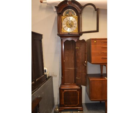 Flame mahogany cased grandfather clock with sun and moon rotating on the face, brass detail. 2 weights. Height 226cm high.dia