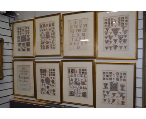 Eight framed and mounted illuminated plates highlighted with gold from 'One Thousand and One Initial Letters', by Owen Jones,