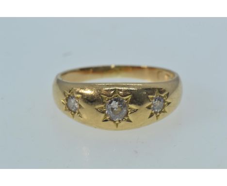 Gold & three diamond ring, hallmarked Birmingham 1904, gold mark rubbed but tests positive for 18ct gold, size P, 5.55 grams 