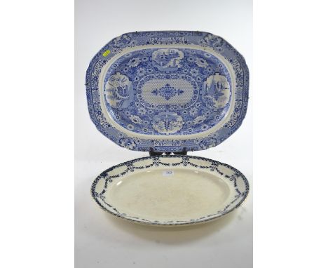 Early C19th Spode blue and white 'Net' pattern meat plate, impressed & printed mark, 54 x 41cm, together with another platter