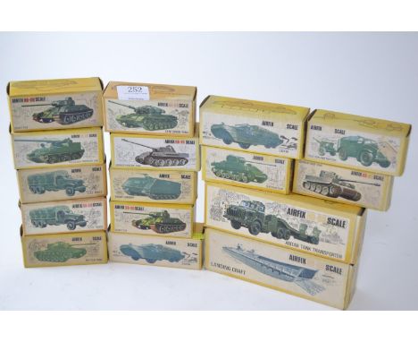 Sixteen boxed Airfix H0-00 Scale vehicles Inc rare Grey landing craft + others 