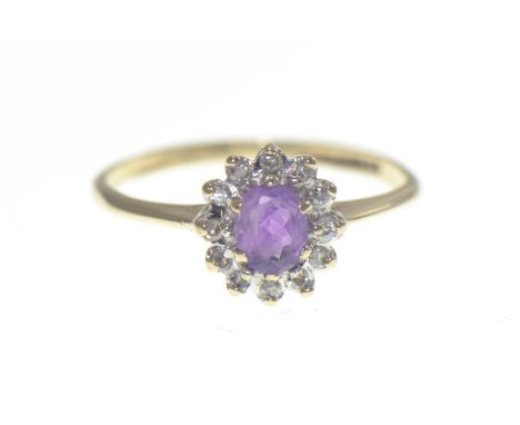 9ct gold, amethyst & diamond cluster ring, size M, gross weight 1.45 grams 
