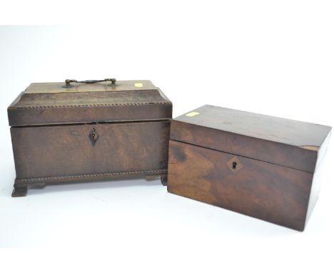 Mahogany tea caddy with inlaid detail, triple section metal cannisters and brass handle, 24cm width, together with a veneered
