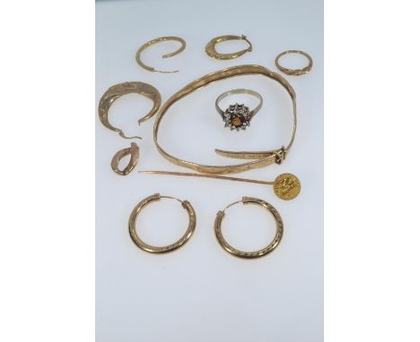 11.17 grams of scrap 9ct gold including a stone set ring, together with a French gold pin, 1.19 grams & a pair of filled gold