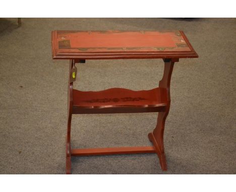 Red chinoiserie Oriental style book trough / shelf. 62cm wide. 