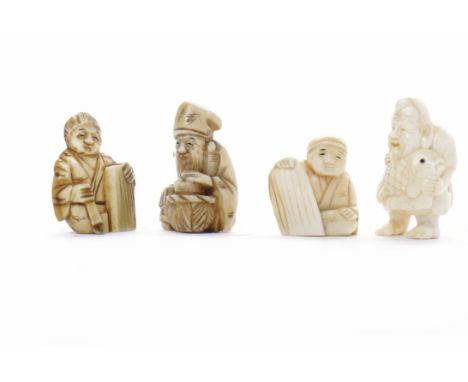 FOUR EARLY 20TH CENTURY JAPANESE IVORY NETSUKE
two modelled as scholars, one as a fisherman, and an elder, unsigned, the larg