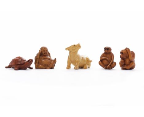 COLLECTION OF FIVE MID 20TH CENTURY JAPANESE WOOD NETSUKE
modelled as an ox, monkey, laughing Buddha (signed), turtle and an 
